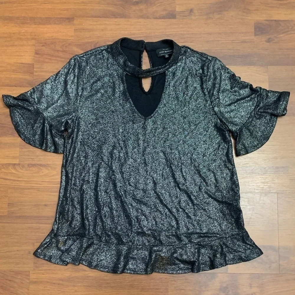 Lucky Brand Black Shimmer Blouse Ruffle Sleeves